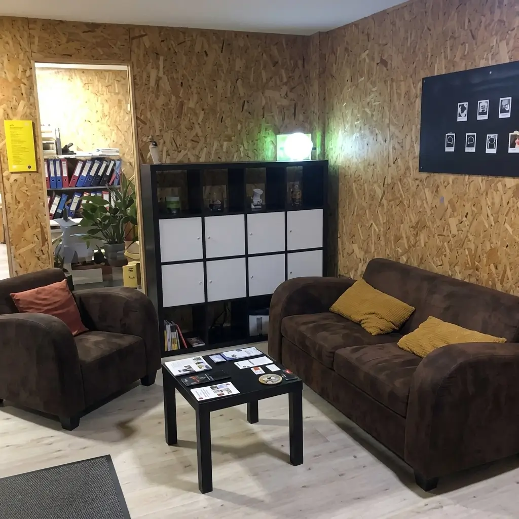 Salle d’attente chaleureuse de mage-conseil à Merignac avec canapés, table basse et mur en bois brut