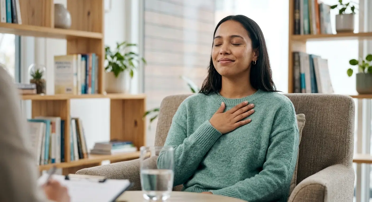 Séance de thérapie sereine chez mage-conseil à merignac, femme relaxée pratiquant la respiration consciente
