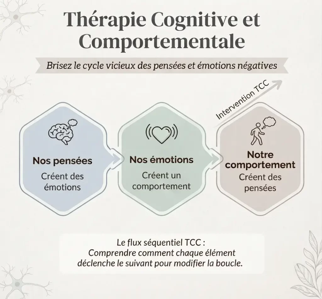 Infographie TCC cycle pensées émotions comportements chez mage-conseil psychologue à merignac