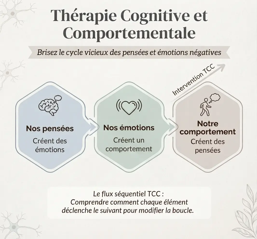 Infographie TCC cycle pensées émotions comportements chez mage-conseil psychologue à merignac